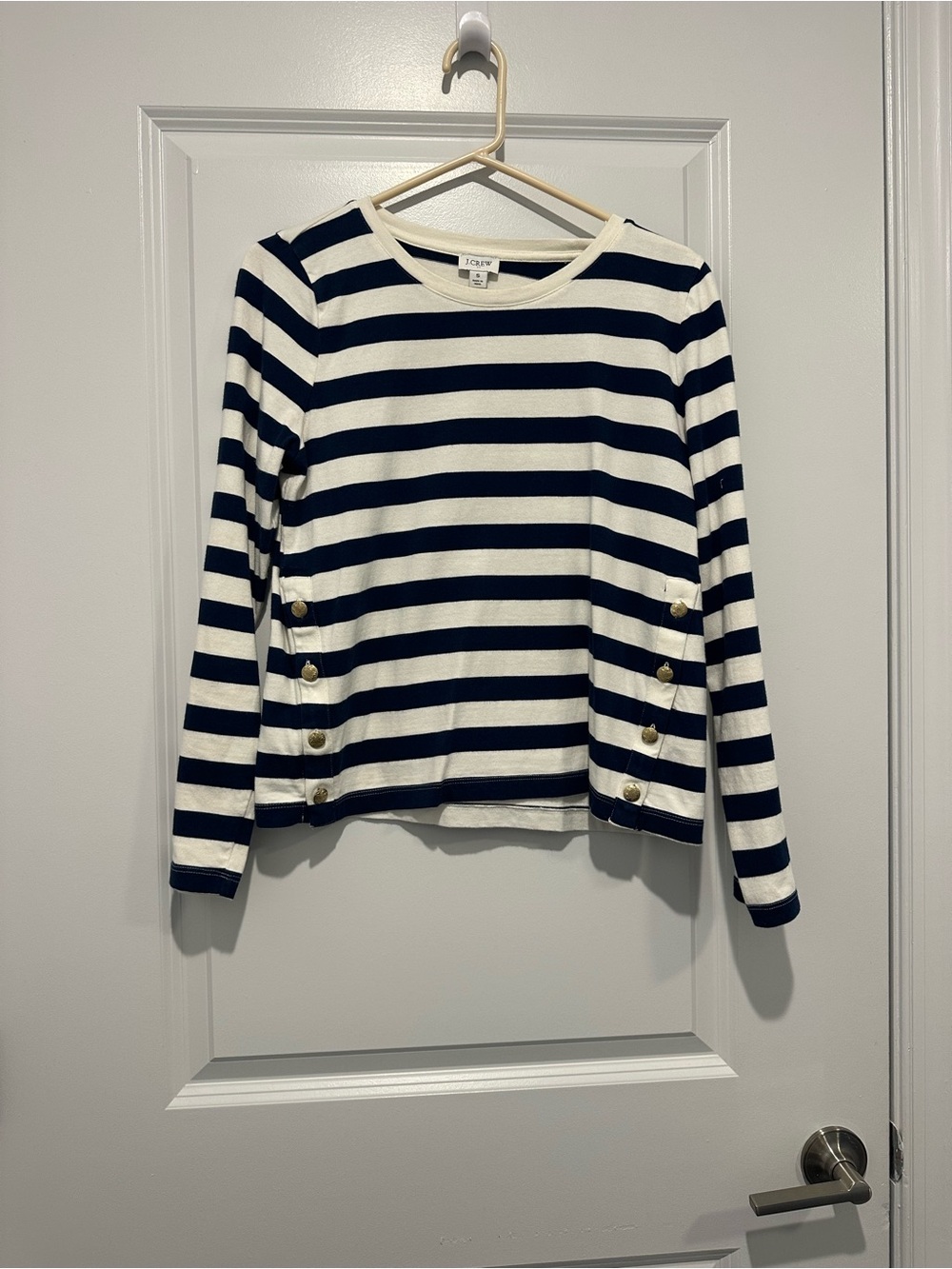 J. Crew Navy and White Striped Button-Accent Long Sleeve Top